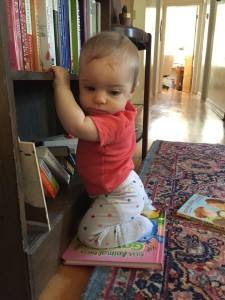 Choosing a book before bedtime.