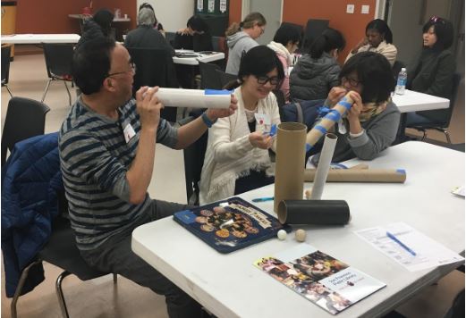 Educators explored materials in ways that hadn’t occurred to me. This group found out that the cardboard tubes were fun to play with while experimenting with sound volume.